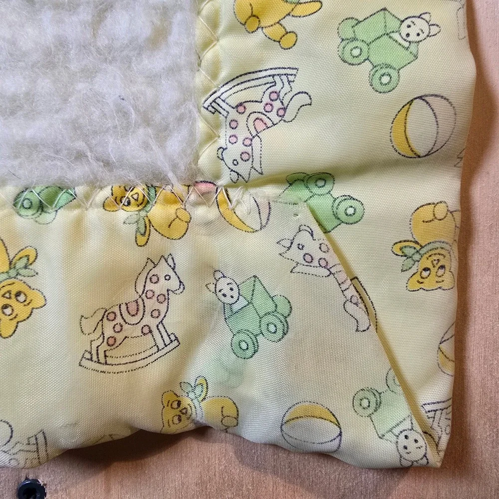 Vintage Nursery Teddy Bear Rocking Horse Baby Blanket Sherpa Satin Trim